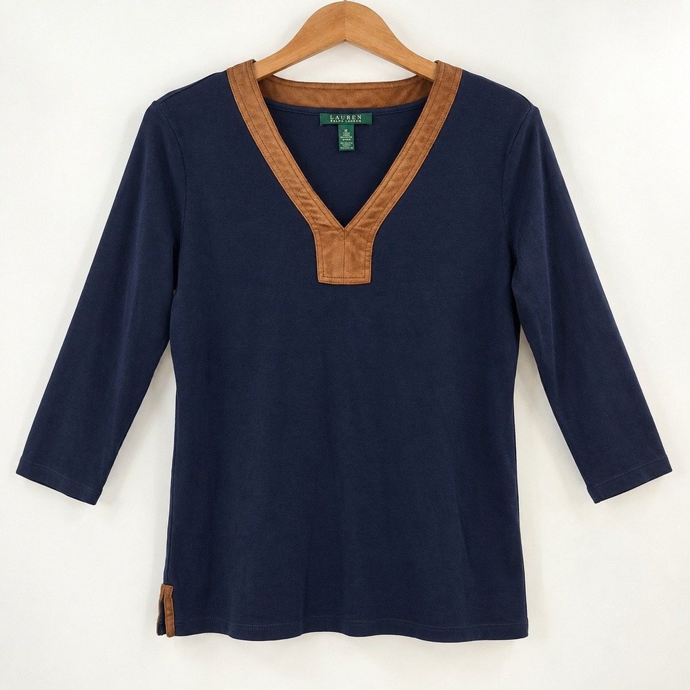 Lauren Ralph Lauren Old Money V-Neck Top Womens M Navy Blue Suede Trim Preppy